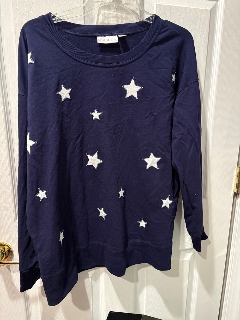 Belle by Kim Gravel navy blue French Terry sweatshirt with white stars